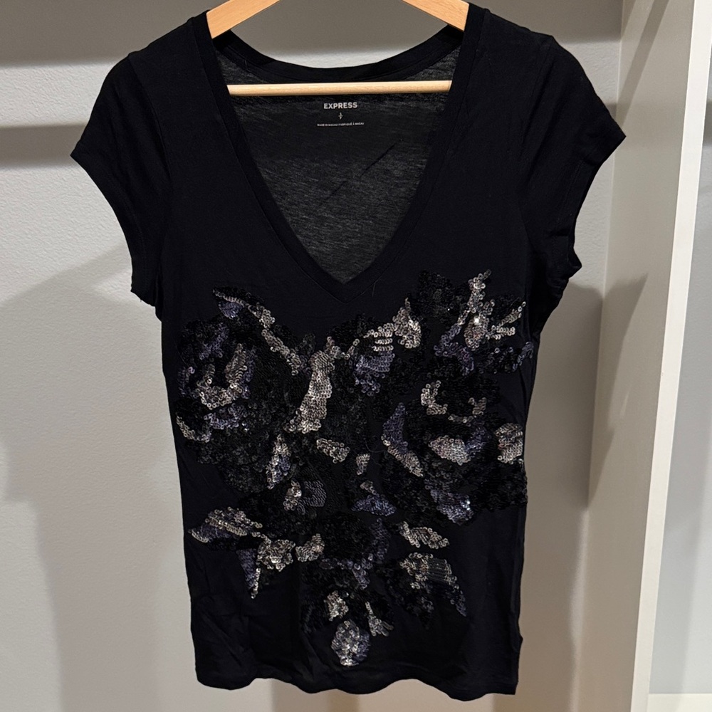 Express Black and Silver Sequin Short Sleeve Top